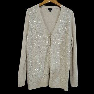 Talbots Button Up Cardigan Womens XL Beige Lambswool Rabbit Hair Sequins